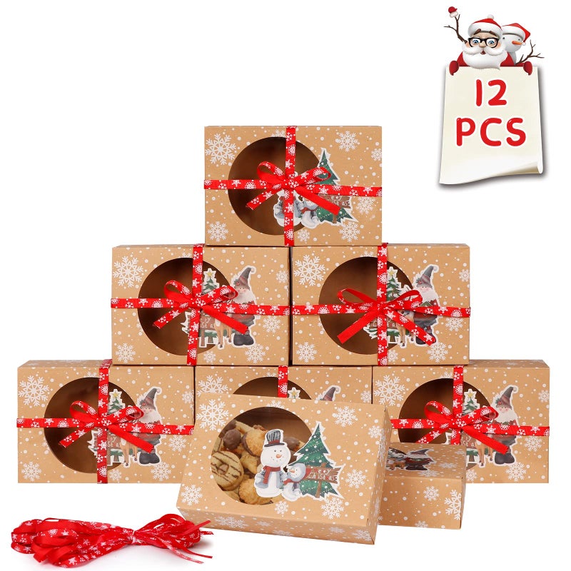 OurWarm 12 Pack Christmas Cookie Boxes for Gift Giving, Large Christmas Cookie Tins Holiday Bakery Treat Boxes with Window, Kraft Paper Food Packaging Containers for Xmas Party Supplies - Image 1